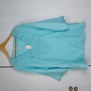 Lucy & Laurel Light Turquoise Blue Embroidered Sequin Linen Top Coastal Sz.2X